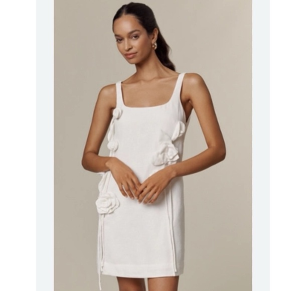 Farm Rio Floral-Appliqud Linen Mini Dress White